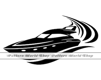 May include: Black and white silhouette of a speedboat with a wake behind it. The boat has a curved windshield and a sleek design. The wake is made up of three curved lines.