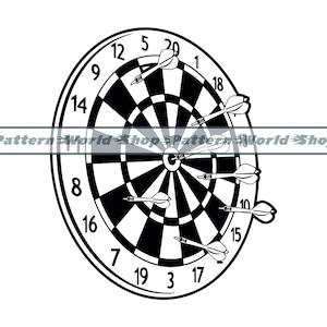 May include: A black and white dartboard with numbers 1 through 20 and the bullseye in the center.  There are six darts stuck in the board.