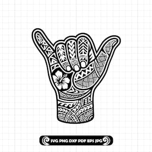 May include: A black and white graphic illustration of a hand making the shaka sign, filled with intricate tribal patterns and a hibiscus flower. Below the hand, a black rectangular label contains the white text SVG PNG DXF PDF EPS JPG.