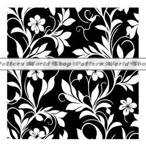 May include: Black and white seamless pattern featuring a repeating design of stylised flowers and leaves.
