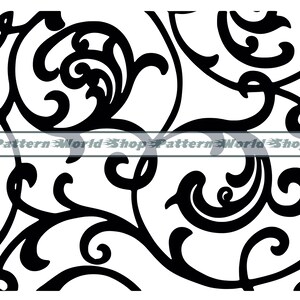 Könnte beinhalten: Schwarzes und weißes sich wiederholendes Muster mit wirbelnden, verzierten floralen Elementen. Das Design zeigt eine symmetrische Anordnung von geschwungenen Linien und scrollartigen Formen, die eine klassische, elegante Ästhetik erzeugt. Der Text "Pattern World Shop" ist zu sehen.