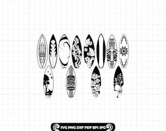 Tropical Surfboard SVG Bundle, Hawaiian Surf PNG, Beach DXF Cut File for Cricut, Summer Tiki Clipart, Palm Flower Board Design