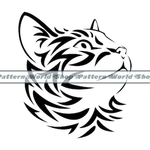 Peut inclure: Illustration tribale en noir et blanc d'une tête de chat regardant vers le haut. La fourrure du chat est stylisée avec une série de lignes et de courbes.