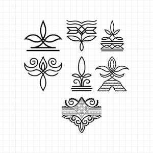 May include: Seven black line art floral and geometric designs are displayed. Each design is unique, featuring stylized leaves, symmetrical patterns, and decorative elements. The illustrations are set against a white grid background, suitable for various design applications.