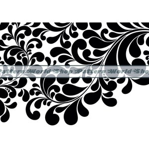 May include: Black and white floral pattern with swirling shapes and dots. The pattern is arranged in a corner design.