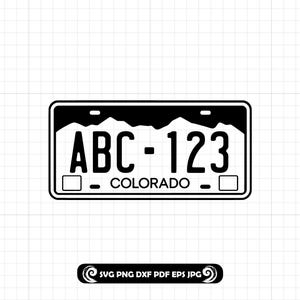 May include: A black and white graphic of a Colorado license plate featuring a mountain silhouette at the top, the text ABC-123 in the center, and the word COLORADO at the bottom. Below the plate, a black oval contains the text SVG PNG DXF PDF EPS JPG.