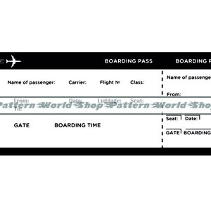 Könnte beinhalten: Eine schwarz-weiße Bordkarte mit dem Text "BOARDING PASS" oben. Die Karte hat Felder für den Namen des Passagiers, die Fluggesellschaft, die Flugnummer, die Klasse, von, Datum, Gepäck, Sitzplatz, Gate und Einstiegszeit.