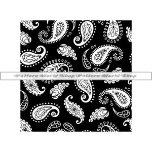 May include: Black and white paisley pattern with a repeating design of white paisley shapes on a black background.