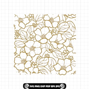 Patrón sin costuras de peonía SVG PNG DXF, fondo de arte lineal floral, elegante archivo de corte de papel tapiz de flores para proyectos de Cricut y Silhouette
