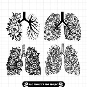 以下が含まれることがあります： 4つの白黒のフローラル肺のデザイン。各肺のデザインは、さまざまな花で満たされています。デザインは正方形のフォーマットで、下部に「SVG PNG DXF PDF EPS JPG」というテキストがあります。