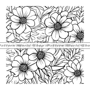 May include: Black and white seamless pattern featuring stylized flowers and leaves. The pattern is perfect for fabric, wallpaper, or other design projects.