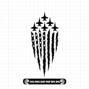 Könnte beinhalten: Schwarz-weiße Grafik von sechs Kampfflugzeugen in Formation, die die Form einer stilisierten amerikanischen Flagge bilden. Das Flaggen-Design umfasst Sterne und Streifen, mit den Jets oben. Der untere Teil des Bildes enthält den Text "SVG PNG DXF PDF EPS JPG".