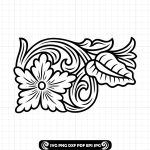 Floral Carving Pattern #6 SVG PNG DXF, Ornamental Scrollwork Flower Leaf Cut File, Decorative Corner Design for Cricut Laser