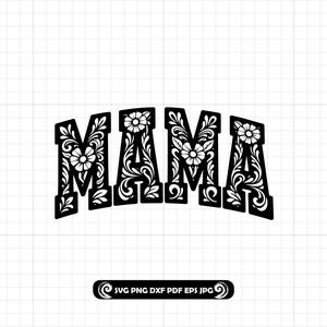 Puede incluir: Diseño gráfico en blanco y negro de la palabra "MAMA" en una fuente floral decorativa. Las letras están llenas de intrincados patrones florales y una flor en el centro de cada "A". El diseño está sobre un fondo de cuadrícula blanca.