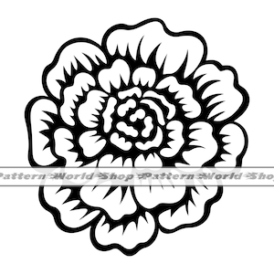 May include: Black and white line art illustration of a stylized flower with multiple petals.