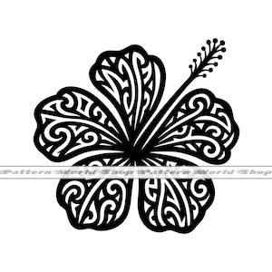 May include: Black and white silhouette of a hibiscus flower with intricate tribal patterns. The flower has five petals and a stem with a bud.