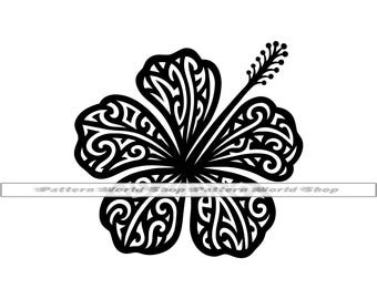 May include: Black and white silhouette of a hibiscus flower with intricate tribal patterns. The flower has five petals and a stem with a bud.