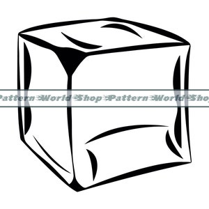 May include: A black and white line drawing of a single ice cube.