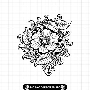 May include: Black and white floral design with detailed leaves and petals. The central flower is surrounded by swirling foliage. The image includes the text "SVG PNG DXF PDF EPS JPG".