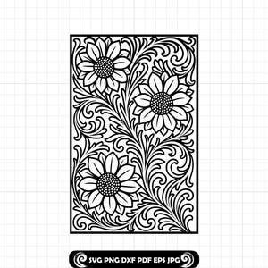 以下が含まれることがあります： 3つのヒマワリと渦巻く葉が特徴の白黒の花柄デザイン。デザインは長方形のフレームに囲まれています。画像の下部には「SVG PNG DXF PDF EPS JPG」というテキストが含まれています。