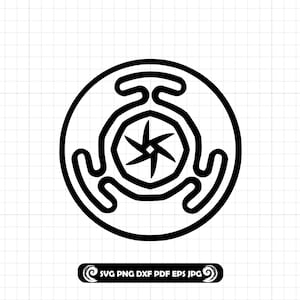 May include: Black and white graphic of a circular design with a central star-like shape. The design is enclosed within a circle, with three curved elements extending outwards. The bottom of the image includes the text "SVG PNG DXF PDF EPS JPG".