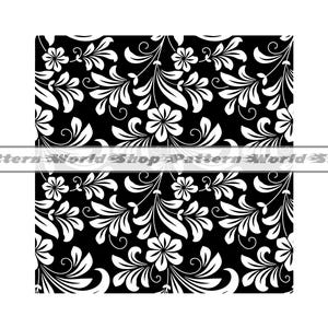 May include: Black and white floral pattern with a repeating design of stylised flowers and leaves.