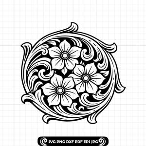 Może przedstawiać: Czarno-biały wzór kwiatowy z trzema kwiatami pośrodku, otoczony ozdobnymi zawijasami. Projekt jest okrągły i zawiera tekst "SVG PNG DXF PDF EPS JPG".