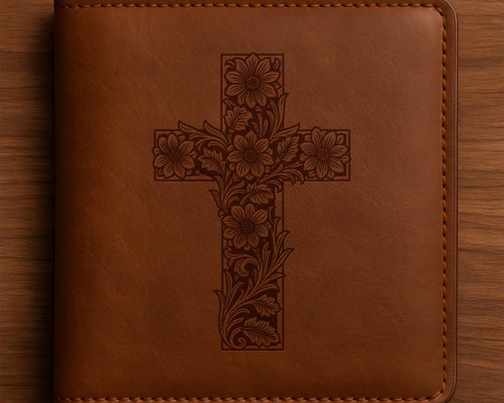 Tooled Leather Floral Cross SVG PNG DXF, Western Cross Carving