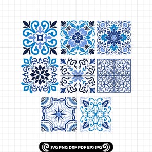 Portuguese Tile SVG PNG DXF Bundle, Blue Azulejo Tile Set, Decorative Floral Tile Patterns for Cricut and Silhouette Crafts