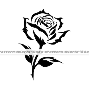 May include: Black and white silhouette of a rose with a stem and leaves.