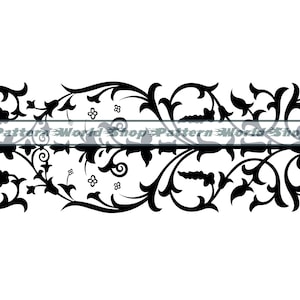 May include: Black and white floral design with intricate swirls and leaves. The design is symmetrical and features a repeating pattern of flowers and vines.