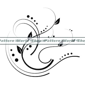May include: Black and white floral design with swirling lines and dots. The design features leaves and a stylized flower.