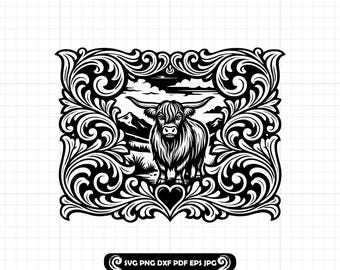 Marco de cuero repujado de vaca de las Tierras Altas SVG PNG DXF, archivo de corte floral occidental para Cricut