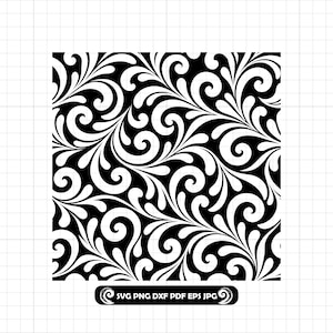 May include: A black and white digital graphic featuring a repeating pattern of swirling, teardrop-shaped flourishes. Below the pattern, a black rectangular label contains the white text SVG PNG DXF PDF EPS JPG.