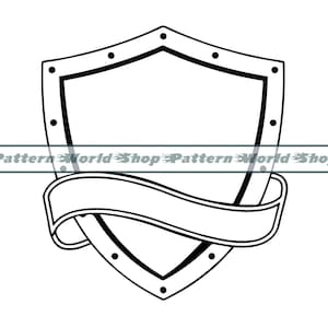 May include: A black and white outline of a shield with a banner underneath. The shield has a pointed top and a rounded bottom. The banner is blank and has a curved shape.