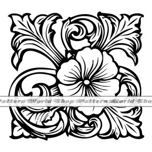 May include: Black and white illustration of a stylized floral design with a large flower in the center. The design features intricate swirls and leaves.