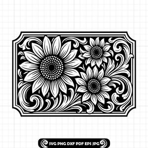 Può includere: Design floreale in bianco e nero con tre girasoli e volute decorative all'interno di una cornice rettangolare. L'immagine include il testo "SVG PNG DXF PDF EPS JPG".