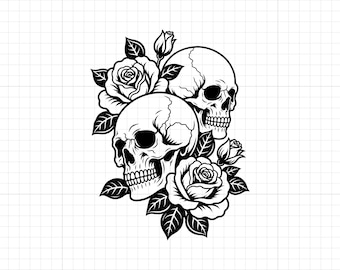 May include: A black and white graphic illustration featuring two human skulls intertwined with blooming roses and detailed leaves. The design showcases high-contrast linework, depicting the skulls in profile and front-facing angles surrounded by floral elements.