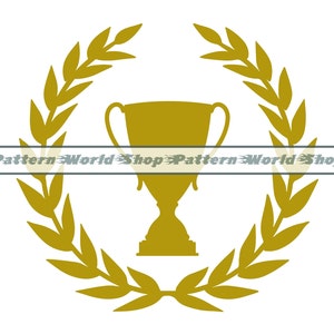 May include: A gold-colored trophy cup is centered in the image, surrounded by a laurel wreath. A banner with the text "Pattern World Shop" is across the trophy. The design is set against a white background.