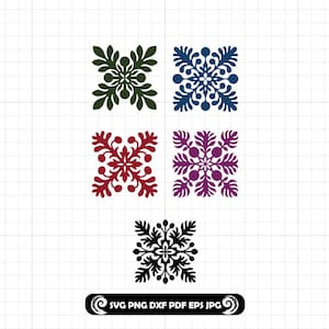May include: A collection of five square floral designs in various colors: dark green, blue, burgundy, purple, and black. The designs are symmetrical and feature intricate leaf and dot patterns. The bottom of the image includes the text "SVG PNG DXF PDF EPS JPG".