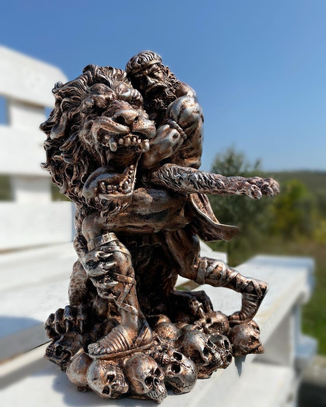 Hercules and Lion Statue Polyester Ancient Greek Mythology Handmade