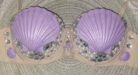 Purple Sparkly Mermaid/Rave/Burlesque Sea Shell Bra 36b