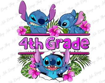 Flower Stitch 4th grade png sublimation design download, back to school png, fourth grade png, cute stitch png, sublimate designs download