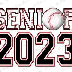 May include: Black and white graphic with the word "SENIOR" in a baseball-themed font with a baseball in the center and the year "2023" in a large, bold font.
