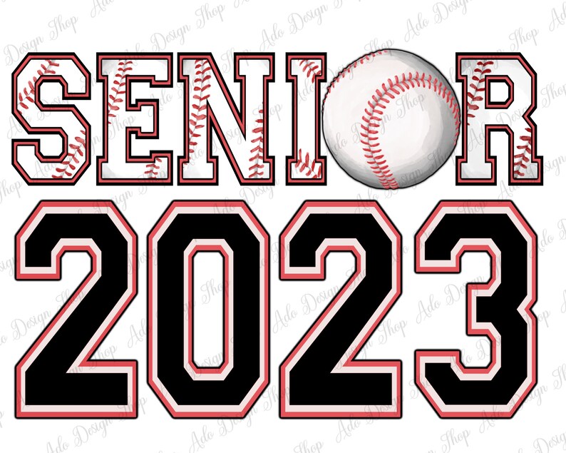 May include: Black and white graphic with the word "SENIOR" in a baseball-themed font with a baseball in the center and the year "2023" in a large, bold font.
