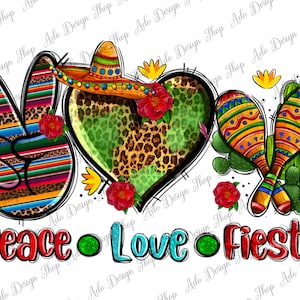 Puede incluir: Peace, Love, Fiesta! Un dise&ntilde;o gr&aacute;fico colorido con un signo de paz, un coraz&oacute;n con estampado de leopardo y detalles verdes, y maracas. El texto est&aacute; en rojo, azul y verde.