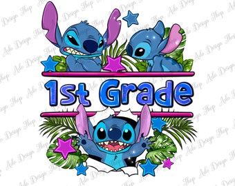 Stitch 1st grade png sublimation design download, back to school png, first grade png, cute stitch png, graduation png, sublimate download