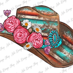 May include: A brown and turquoise cowboy hat with a distressed look. The hat is decorated with pink and white flowers and a turquoise and silver concho.