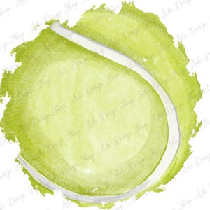 May include: A watercolor illustration of a green tennis ball with a white seam. The ball is painted in a loose, abstract style, with a textured background.