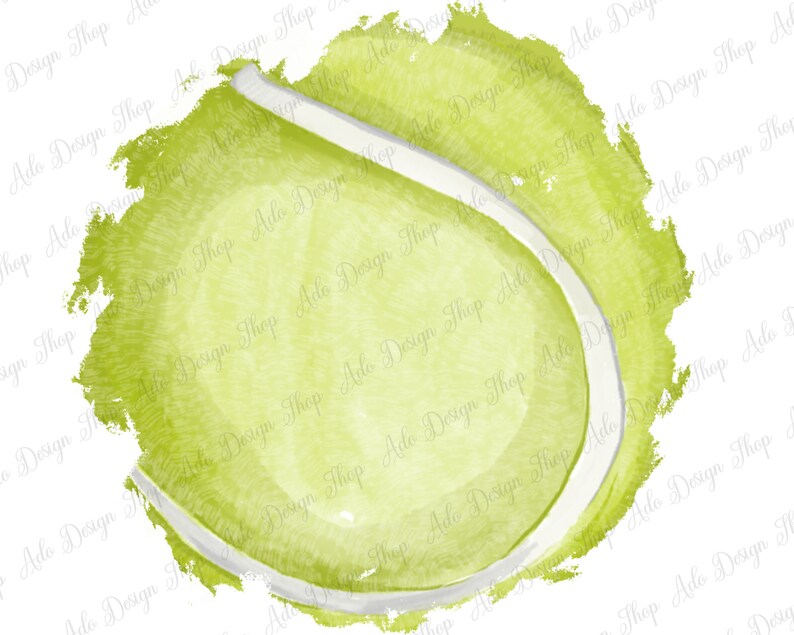 May include: A watercolor illustration of a green tennis ball with a white seam. The ball is painted in a loose, abstract style, with a textured background.